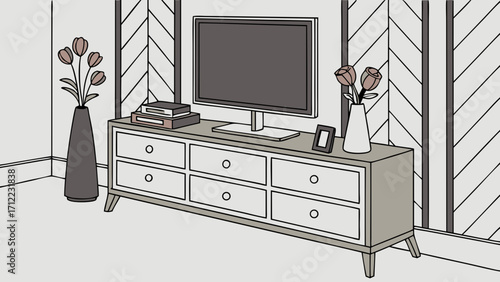 Modern living room interior design with flat screen TV on dresser flowers and books illustration.