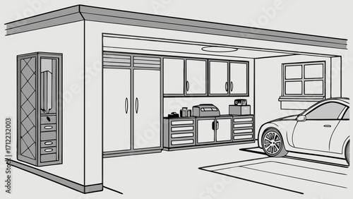 Organized Garage Interior with Car and Storage Cabinets.