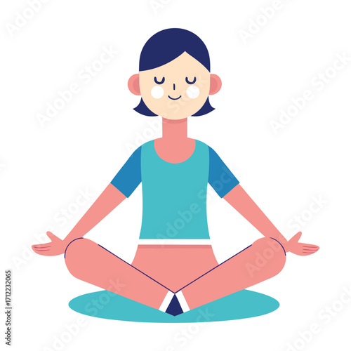 A young woman with short dark hair and closed eyes sits in a peaceful lotus pose on a teal mat practicing meditation and mindfulness for inner calm and relaxation