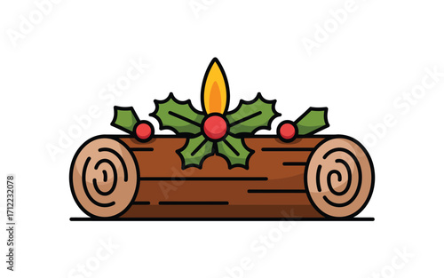 Christmas yule log with holly and burning candle illustration