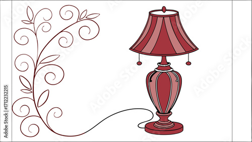 Red Table Lamp with Floral Design Home Decor Illustration Interior Design Element.