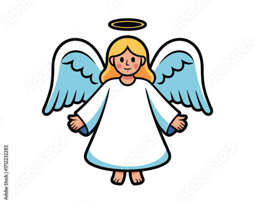 Cute cartoon angel with blue wings and halo