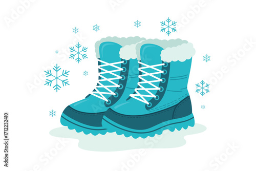 Pair of warm blue winter boots with white laces and fur trim surrounded by snowflakes