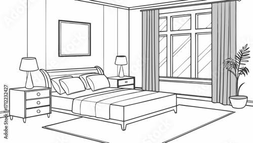 Simple Line Drawing of a Bedroom Interior with a Bed Nightstands and Window.