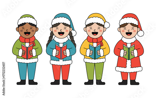 Diverse group of children singing christmas carols wearing santa hats and scarves