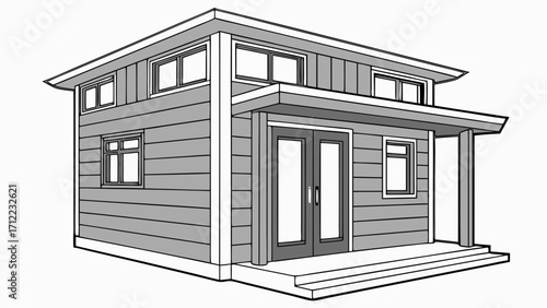 Small Modern House Exterior Design Two Story Cottage Illustration Architectural Drawing Home Blueprint Tiny House Plan.