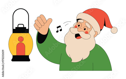 Santa claus singing carols next to a glowing lantern
