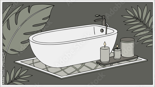 Spa bathtub candles and tropical leaves illustration wellness bathroom design relaxation home decor.