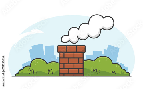 Cartoon brick chimney emitting smoke against a city skyline and green bushes