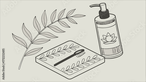 Spa products natural cosmetic illustration minimalist design botanical elements hygiene products bathroom accessories hand drawn black and white simple design leaf illustration soap dis.