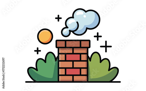 Cozy brick chimney with smoke sun and green bushes illustration