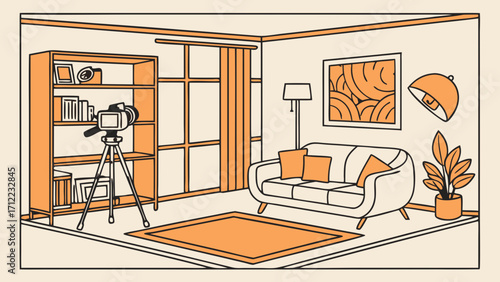 Studio Apartment Interior with Video Camera Setup Modern Home Office Cozy Living Room Design Home Recording Content Creation Space.