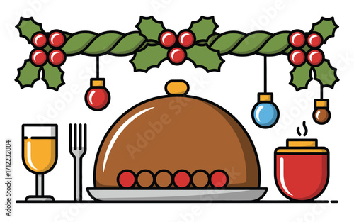 Festive christmas dinner table setting with food and decorations
