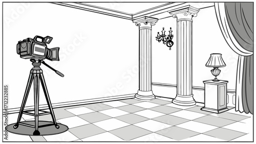 Studio Film Camera on Tripod in Elegant Room Classical Interior Design Video Production Movie Set Filmmaking Broadcasting Illustration.