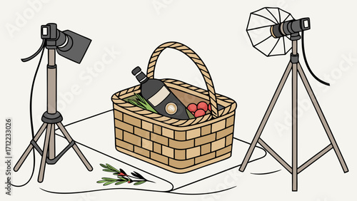 Studio Photography of Picnic Basket with Lighting Equipment.