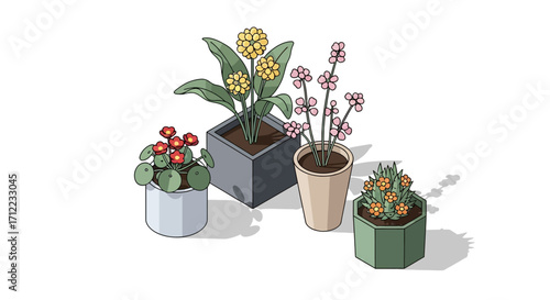 A collection of four illustrated potted plants with colorful flowers in various geometric pots, isolated on a white background.