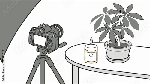Studio Photography Setup with Camera Candle and Plant.