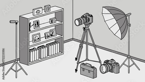 Studio Photography Setup DSLR Camera Lighting and Equipment Illustration.