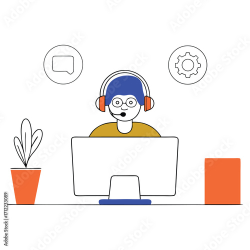 A friendly cartoon character wearing headphones and glasses sits at a computer desk with a plant and a book representing customer service or remote work