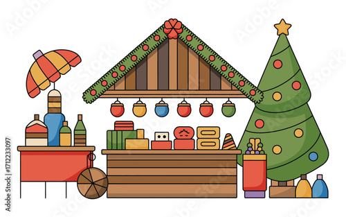 Cozy christmas market stall with festive decorations and tree