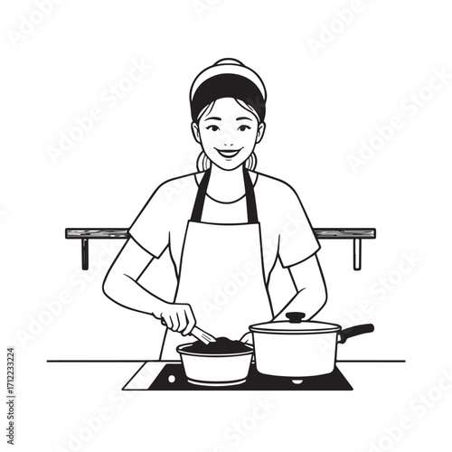 Black and White Vector Illustration of a Smiling Woman Cooking in Kitchen with Apron and Headband