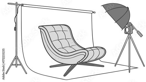 Studio Photography Setup Chair Lighting Equipment Backdrop Product Photography Home Decor Illustration Furniture Design Photo Shoot Modern Chair Interior Design Graphic Design Element.