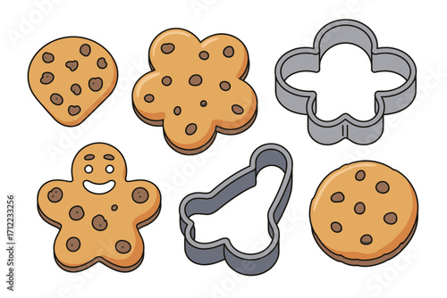 Collection of chocolate chip cookies and cookie cutters
