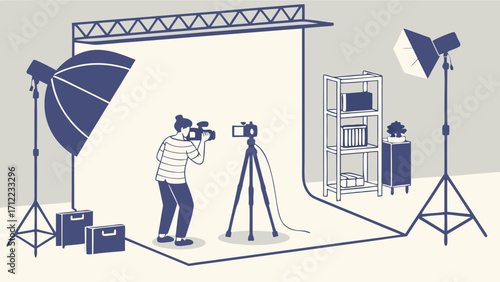Studio Photography Setup Filmmaking Video Production Camera Operator Lighting Equipment Backdrop Set Design Professional Shooting Photo Shoot Video Recording Content Creation Media Pro.