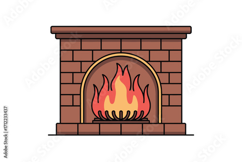 Cozy brick fireplace with flickering flames illustration