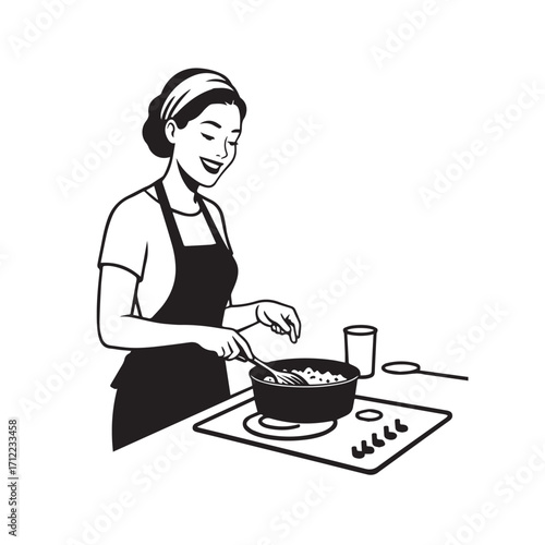 Black and White Vector Illustration of a Smiling Woman Cooking in Kitchen with Apron and Headband