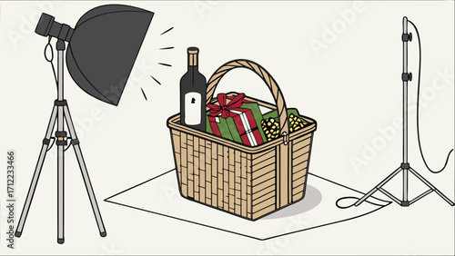 Studio shot of wicker basket with gifts wine bottle and food items under studio lighting.