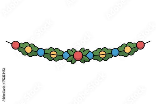 Festive christmas garland with evergreen branches and colorful lights