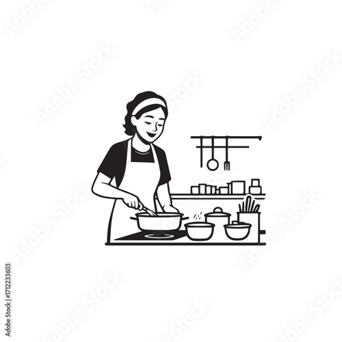 Black and White Vector Illustration of a Smiling Woman Cooking in Kitchen with Apron and Headband