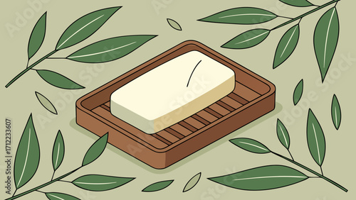 A bar of soap in a wooden soap dish surrounded by green leaves organic spa hygiene wellness illustration.