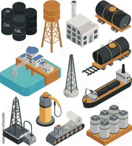 3D isometric oil storage facility illustration, industrial tanks, modern energy plant with solar panels, refinery infrastructure, fuel storage depot design