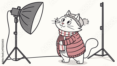 Adorable Cat in Winter Outfit Posing for a Photo Shoot with Studio Lighting.