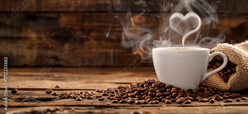 A steaming cup of coffee with steam forming the shape of a heart, surrounded by scattered brown beans on an old wooden table. 