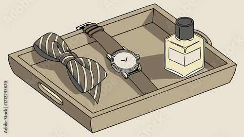 Stylish Mens Accessories on Wooden Tray Watch Bow Tie and Perfume Illustration.