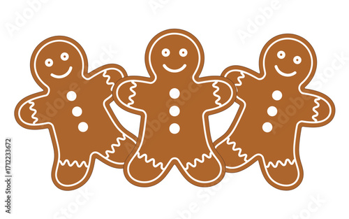 Three cheerful gingerbread men cookies holding hands in a row