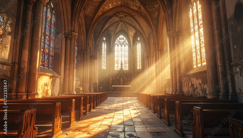 Fototapeta premium Sunbeams in Gothic Cathedral: A Moment of Serenity