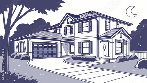 Suburban House at Night Two-Story Home Exterior Residential Property Illustration Night Scene Home Design Real Estate Architecture House Drawing Home Exterior Landscape Design House Pla.