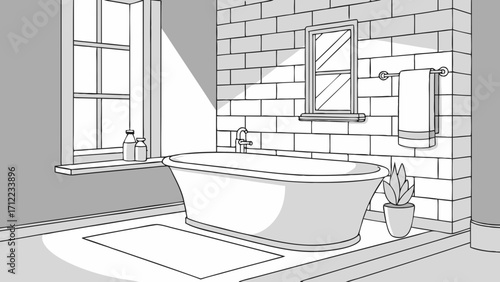 Bathroom interior design bathtub modern minimalist style gray color scheme sketch illustration home decor interior sketch architectural drawing house design bathroom plan freestanding.