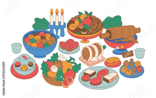 Colorful play food thanksgiving dinner table setting with turkey and desserts