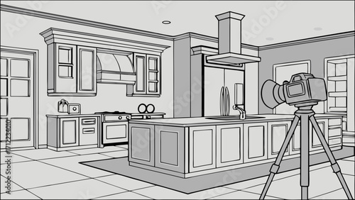 Camera on tripod in modern kitchen home interior design illustration kitchen appliances cooking show backdrop.