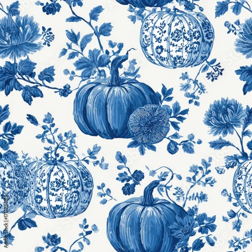 Blue and white autumnal pattern featuring pumpkins and floral designs on a white background. The style is reminiscent of toile or chinoiserie