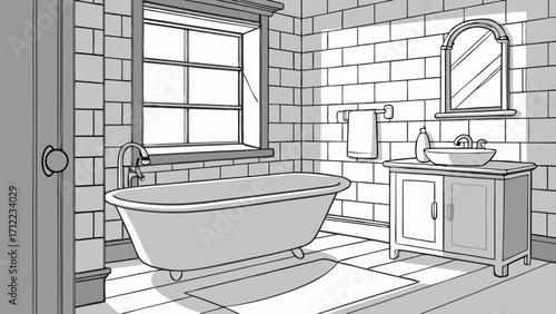 Classic Bathroom Interior Design Sketch Freestanding Tub Vanity and Tile Walls.