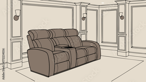 Two-seater reclining sofa in a home theater room with wall paneling and sconces.