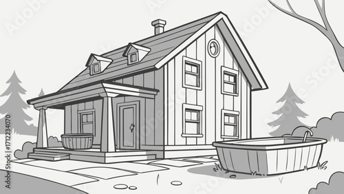 Two-Story House with Porch and Hot Tub Cartoon Illustration.