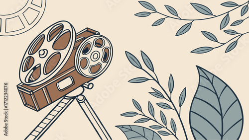 Vintage Film Projector with Floral Design Retro Movie Equipment Illustration Cinema Graphics Film Reel Botanical Elements.