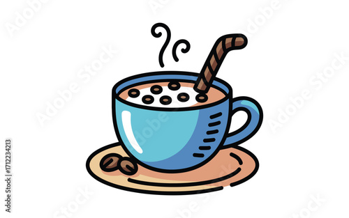 Hand drawn illustration of a steaming cup of hot chocolate with whipped cream and a cookie straw